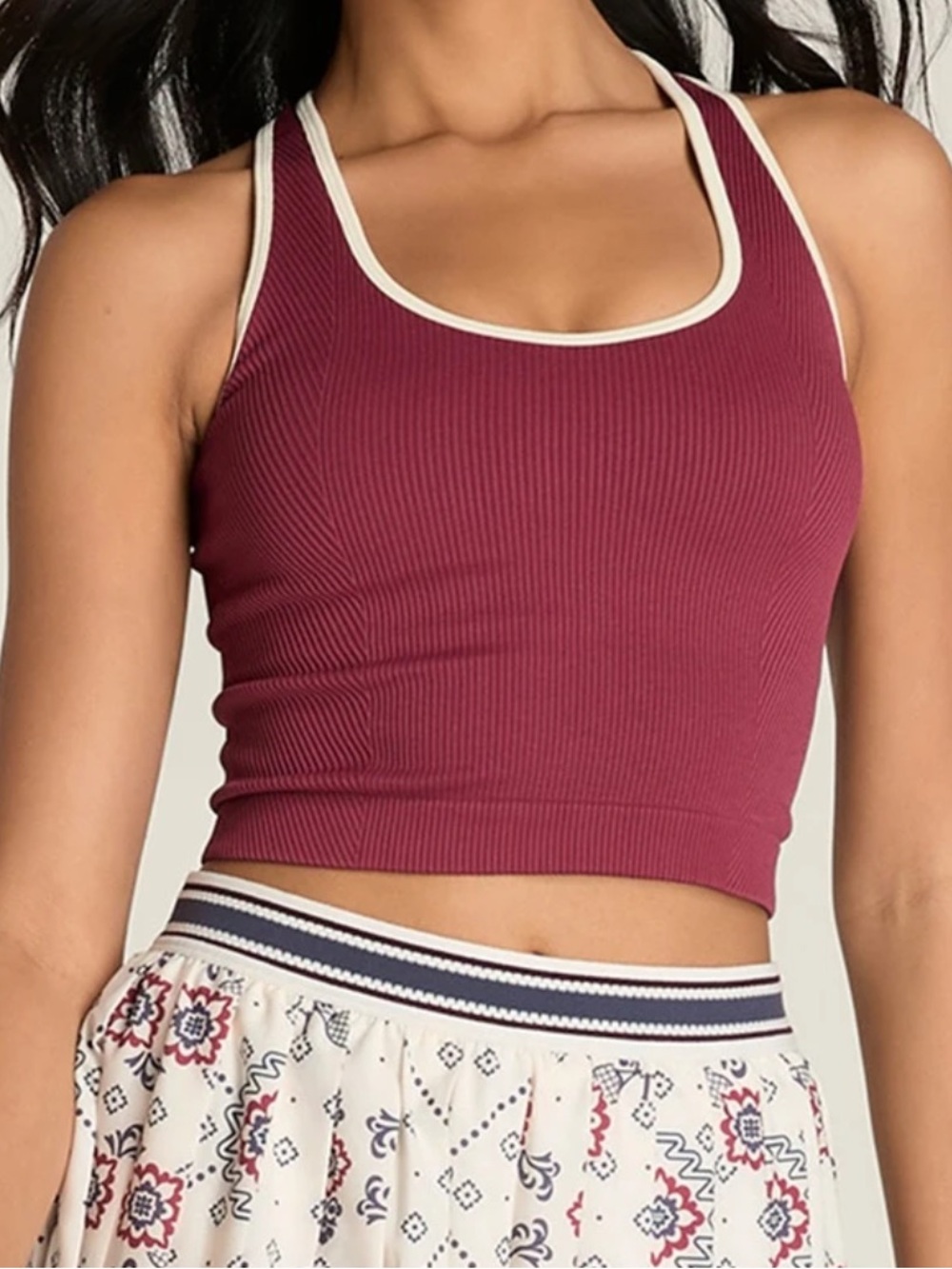 Wilson Burgundy Ribbed Racerback Sports Crop with Cream Trim